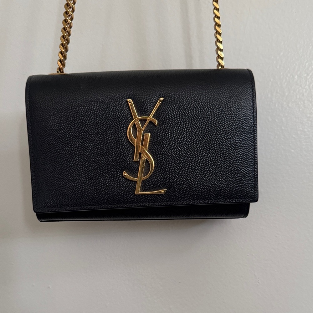Saint Laurent Black Leather Monogram Shoulder Bag with Gold Chain